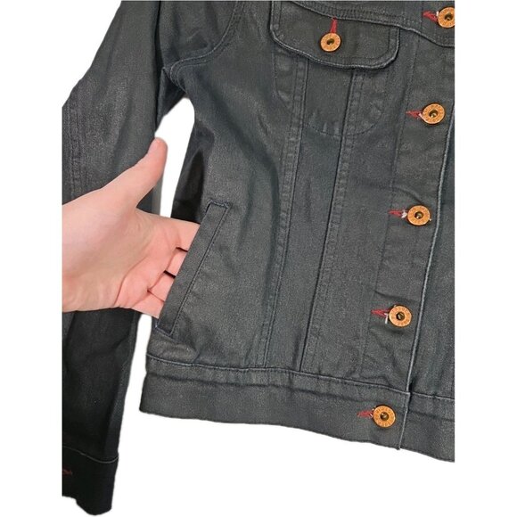 Y2K Parasuco Waxed Denim Dark Wash Contrast Stitch Cropped Jacket Sz M - Picture 4 of 6